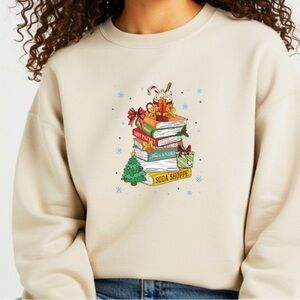 Handmade Gildan Sweatshirt with Festive Christmas book lover Graphic